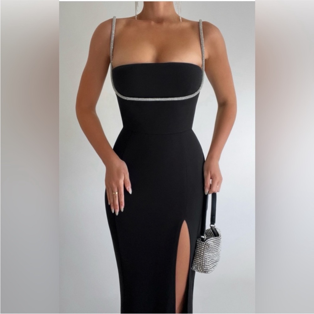 Showpo SHARLEY MIDI DRESS - DIAMANTE DETAIL PENCIL DRESS IN BLACK